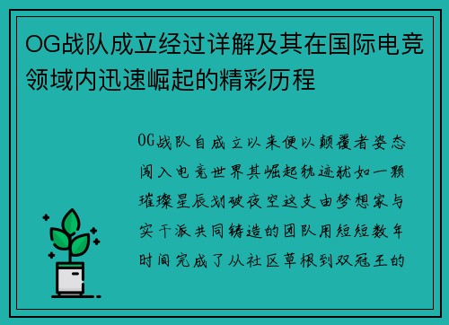 OG战队成立经过详解及其在国际电竞领域内迅速崛起的精彩历程
